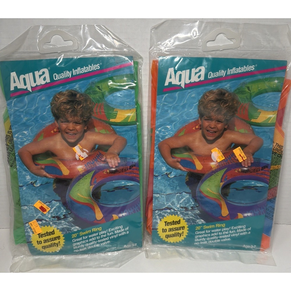 2 Vintage Inflatable 20" Swim Ring Green & Orange Aqua Leisure 1994 Age 3-7